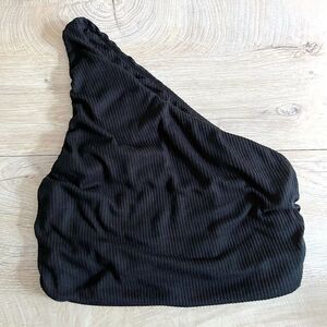 Endless Blu Black One-Shoulder Ribbed Crop Top Small